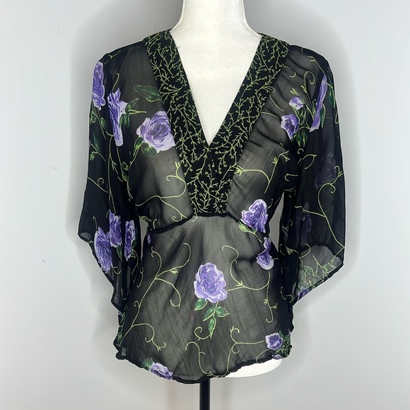 Vintage Y2K Millennium Whimsigoth Fairycore Sheer Floral Purple Bell Sleeve Top - Picture 11 of 12